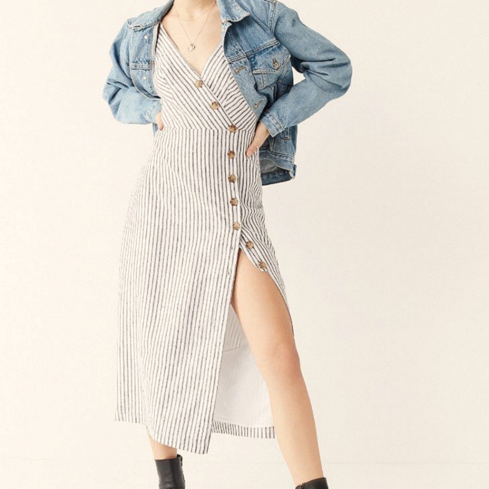 OU Amber Button Down Linen Midi Dress - S, Striped